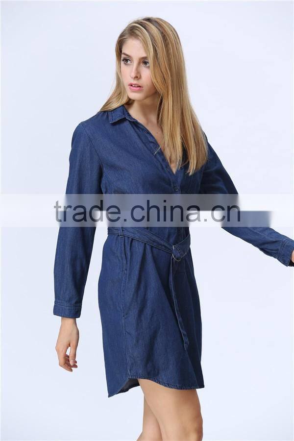 Fashionable Hot Sale Factory Price Long Sleeve With Waist Belt Women Denim Dress
