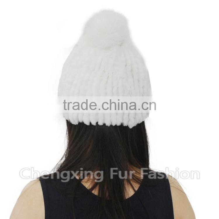 CX-C-58K Hand Knitted Genuine Rex Fur Beanie Hat With Fox Fur Ball