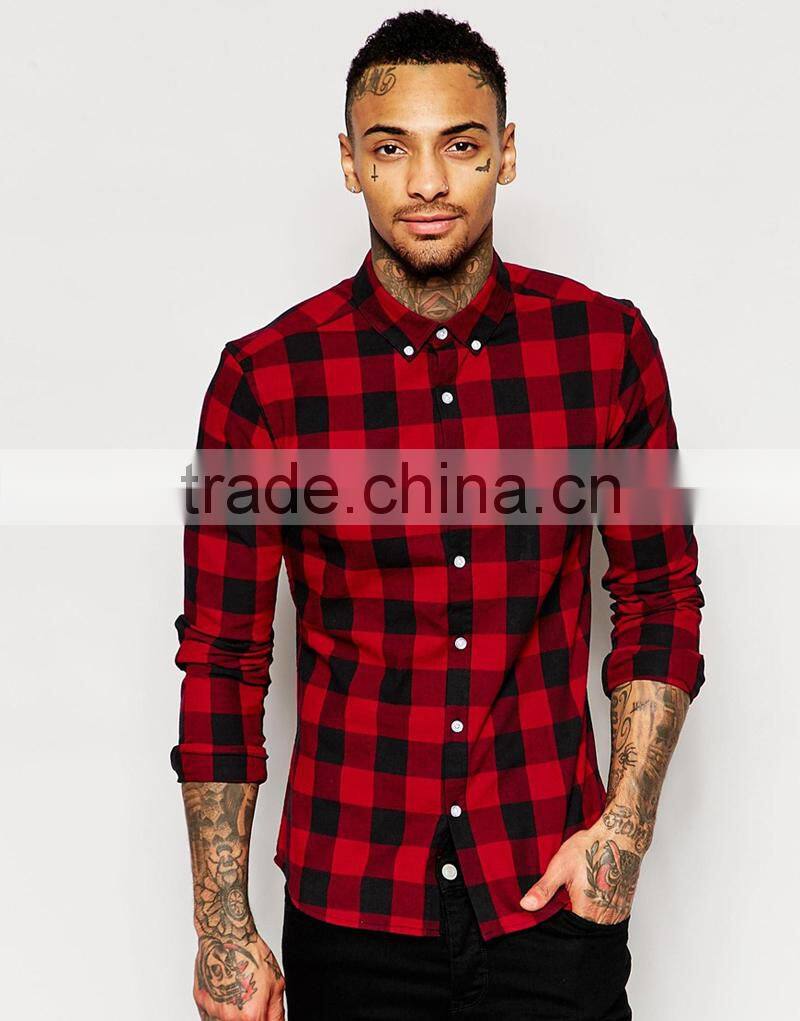 Skinny Shirt in Burgundy Buffalo Check with Long Sleeves