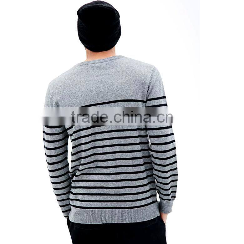 navy stripes crew neck cotton long sleeve men pullover sweater with chest pocket