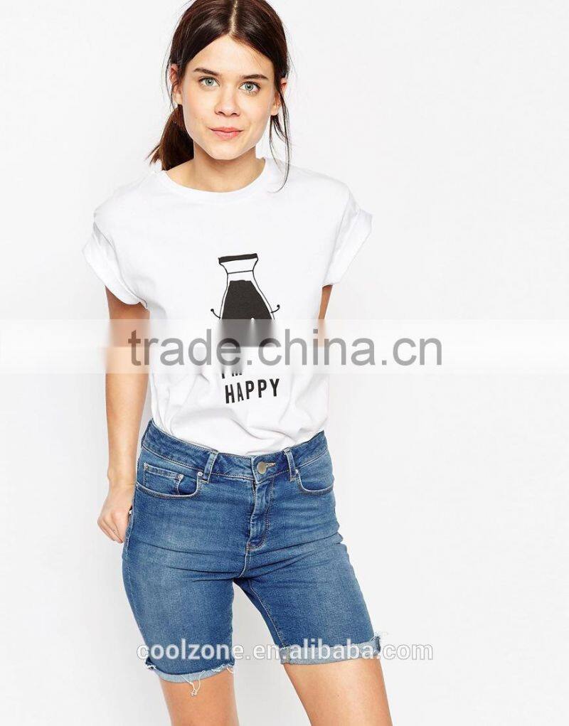 Rolled sleeves boyfriend T-Shirts women printed custom t-shirt