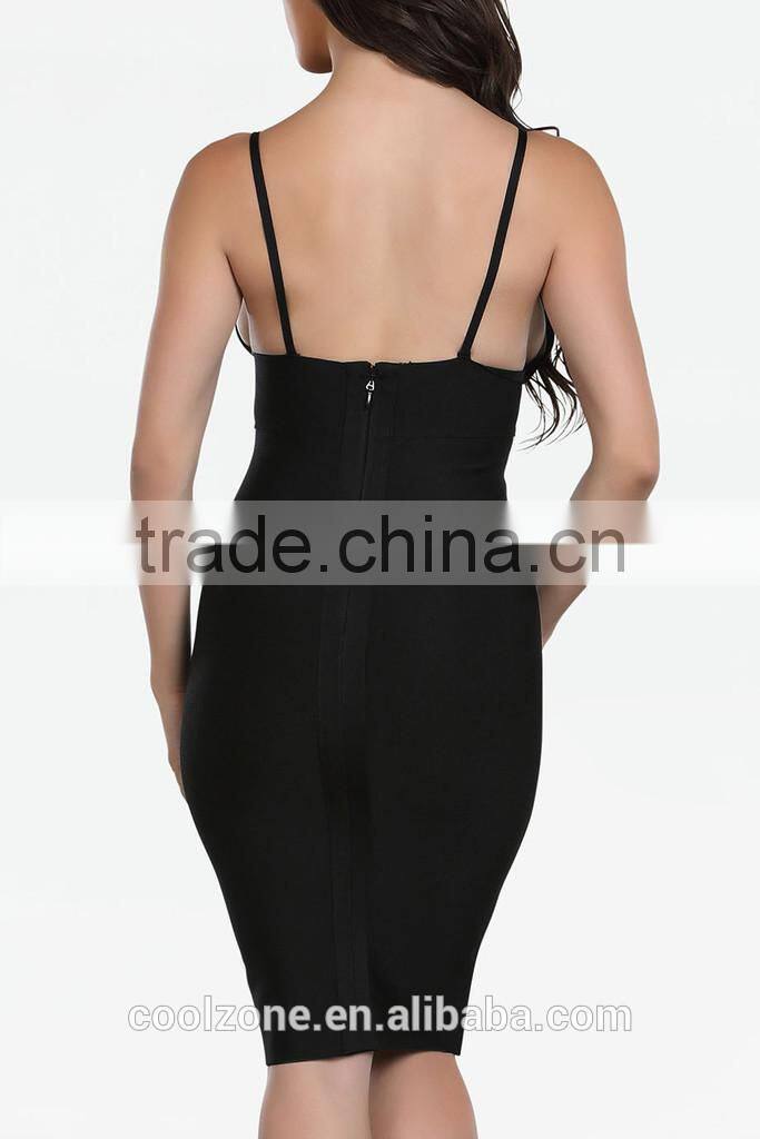 Spaghetti straps plunging neck bodycon fit bandage dress 2015
