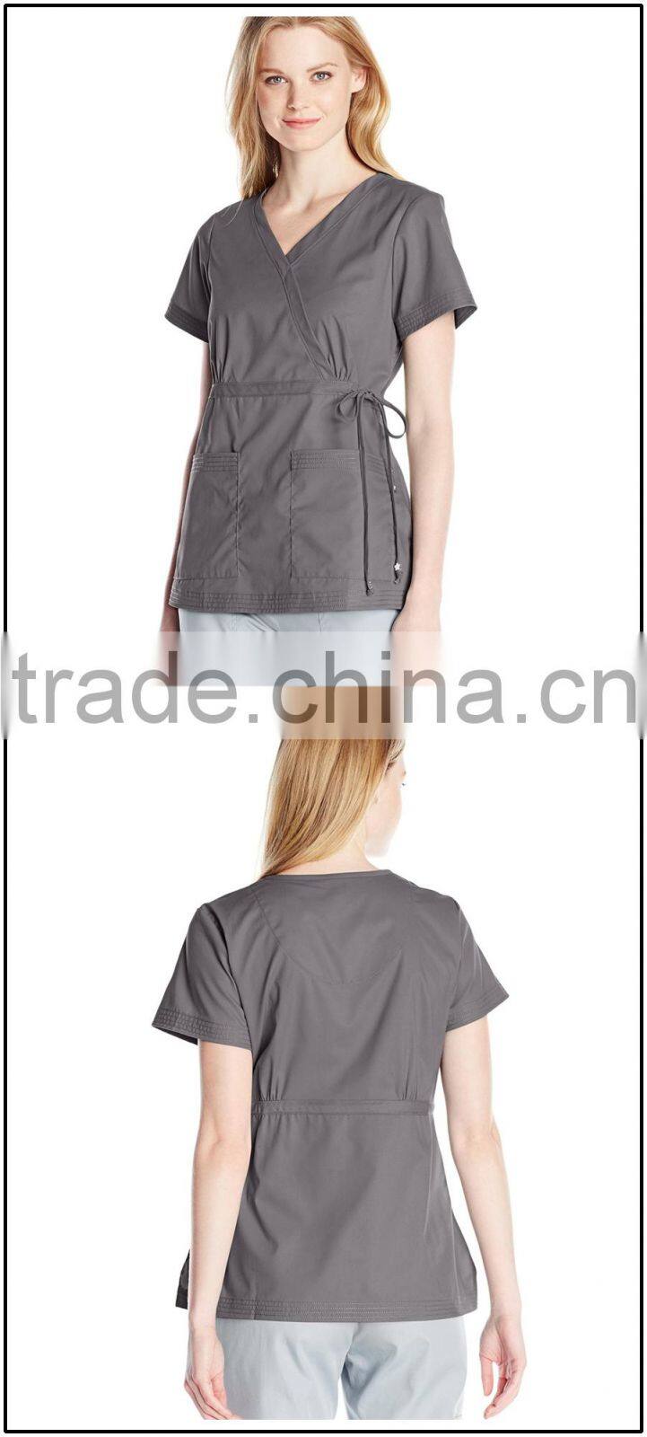 Women's Easy-Fit Mock-Wrap Scrub Shirt/Blouse Top with Adjustable Side Tie