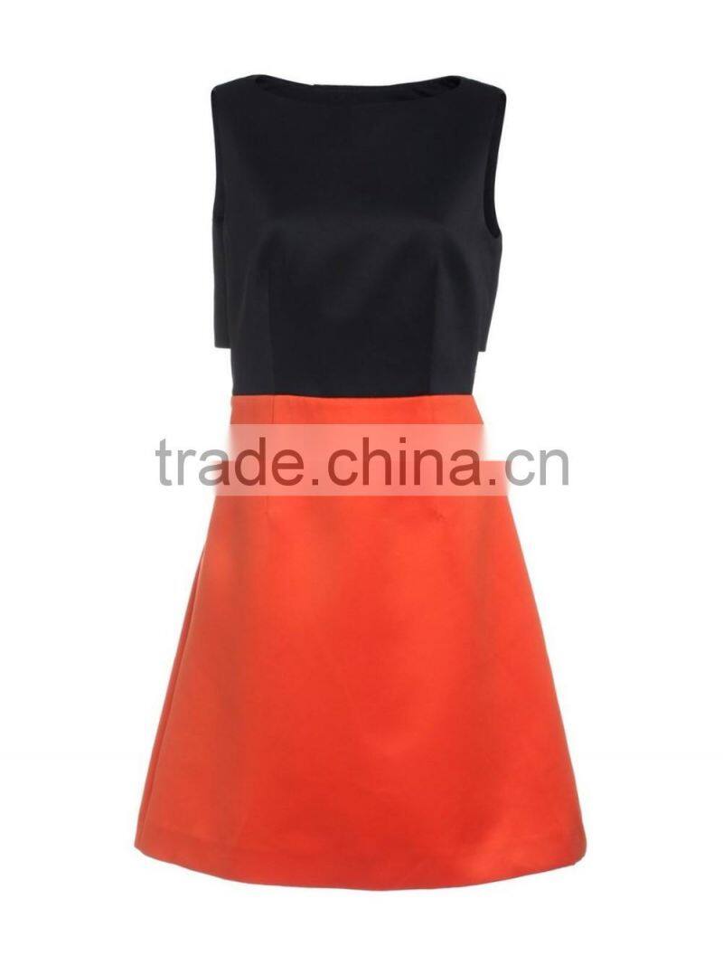 2016 popular style black and orange contrast color sleeveless skinny dress