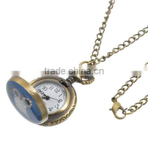 Round Antique Bronze Owl Pattern Halloween Enamel Blue Battery Included Pocket Watches 85cm