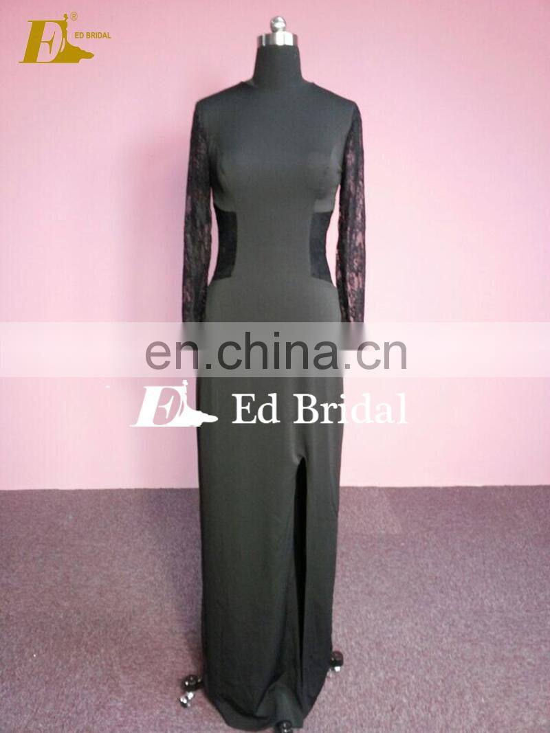 Simple See Through Side Full Length Lace Patterns Lady Evening Dress Long Sleeve