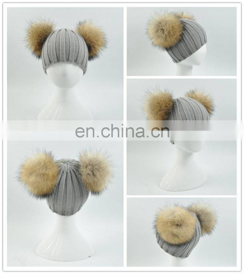 High Quality Kids Knitted Beanies Hat Double Big Raccoon Fur Pom Pom Hat Baby
