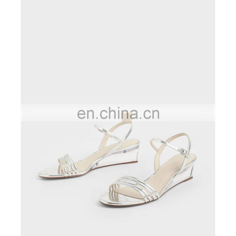 Women unique cheap price good quality ankle strap clear wedges heels sandals and ladies shoes