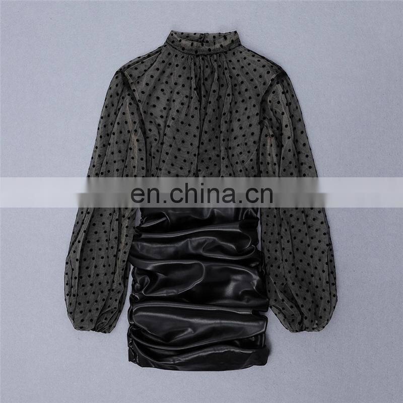 stand neck mesh dot synthetic leather skirt Long Sleeve Sexy Swear Club Wear Tight Wear