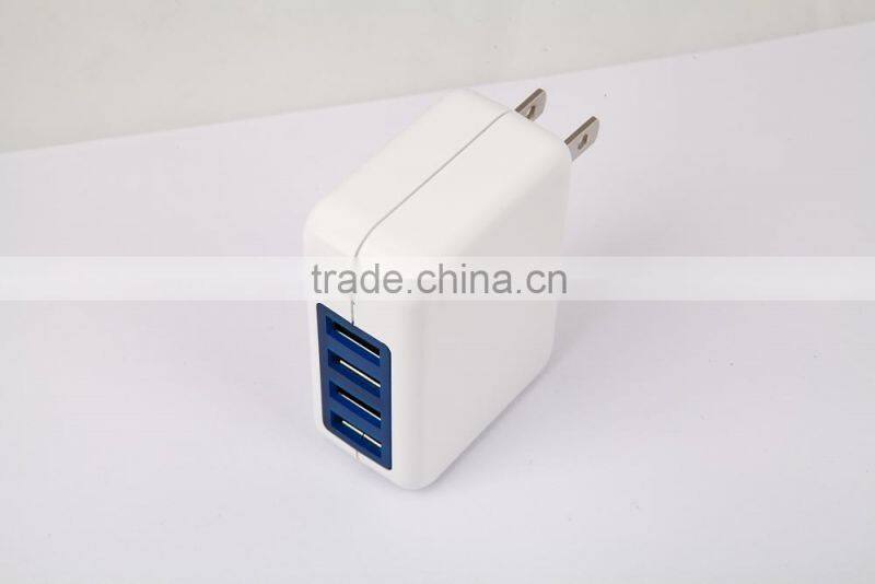 2014 new product USB travel charger with white shell 4 port blue USB connector