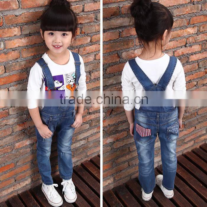 Children denim suspender trousers , 100% cotton Tshirt Children Suit OEM clothing supplier