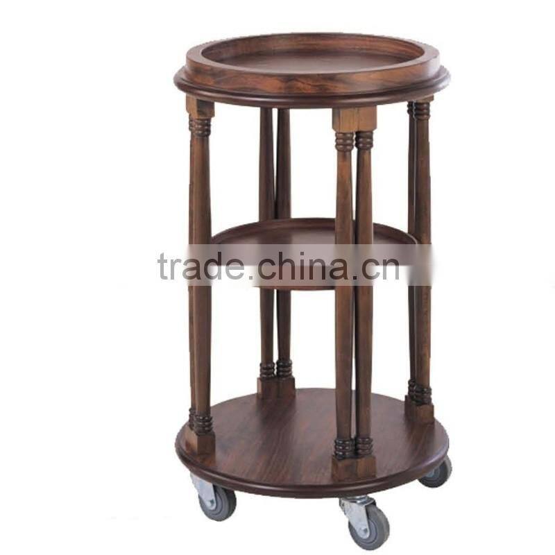 black wood wooden China style round wine service liquor trolley with four 4 wheels