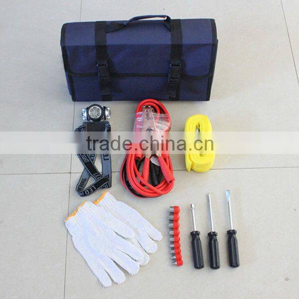 auto safety and repair tools in foldable bag with booster cable