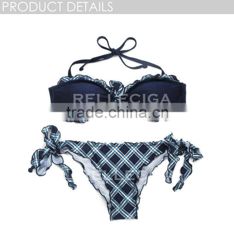RELLECIGA 2016 Kaleidoscope Collection - Navy Blue Plaid Silver Foil+ Ruffle-trim Bandeau Bikini Set with Front Bow & Brazilian