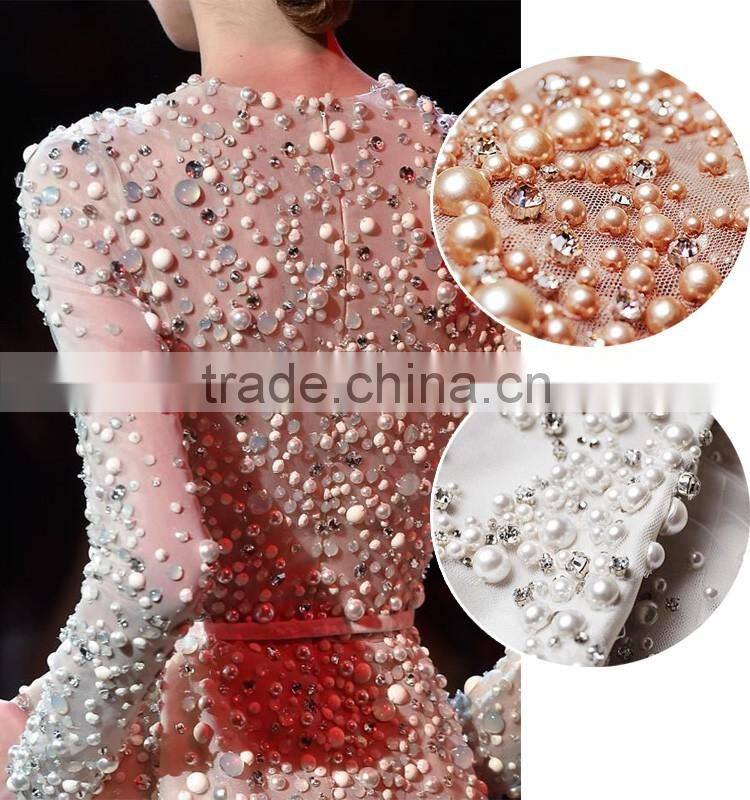 Gold beaded and sequins tulle with lace border/pearls tulle net lace for wedding dress