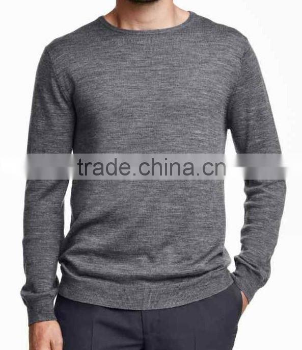 mens round neck long sleeve pullover in merino wool thin grey plain knitted sweater