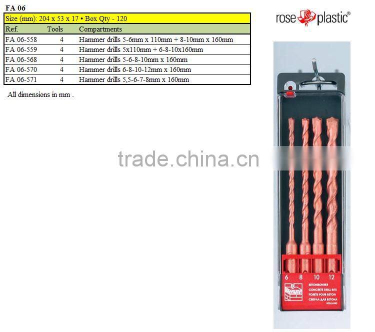 Visible hard plastic packaging box for HSS masonry hammer and wood drills FA cassette