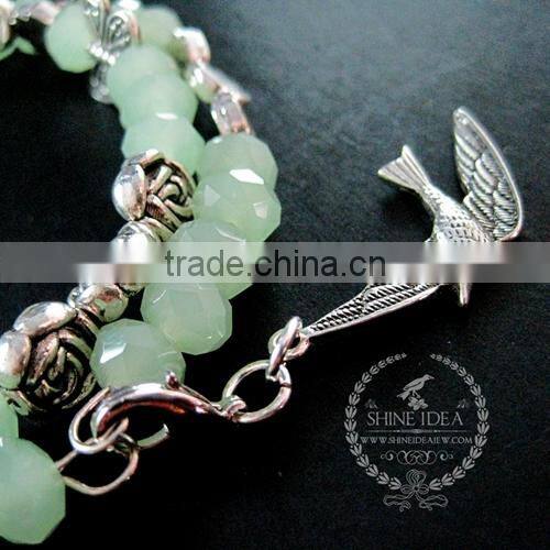 vintage antiqued silver rose flower leaf butterfly bird ice green beads 2 layers fashion wiring bangle bracelet jewelry 6490055