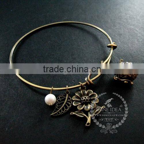 vintage bronze antiqued nut prayer box flower leaf wish charms fashion women wiring bangle bracelet 6450043
