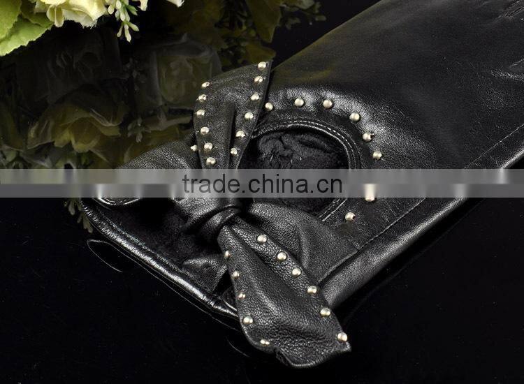 Beautiful bowknot design rivet sheepskin leather gloves for MS