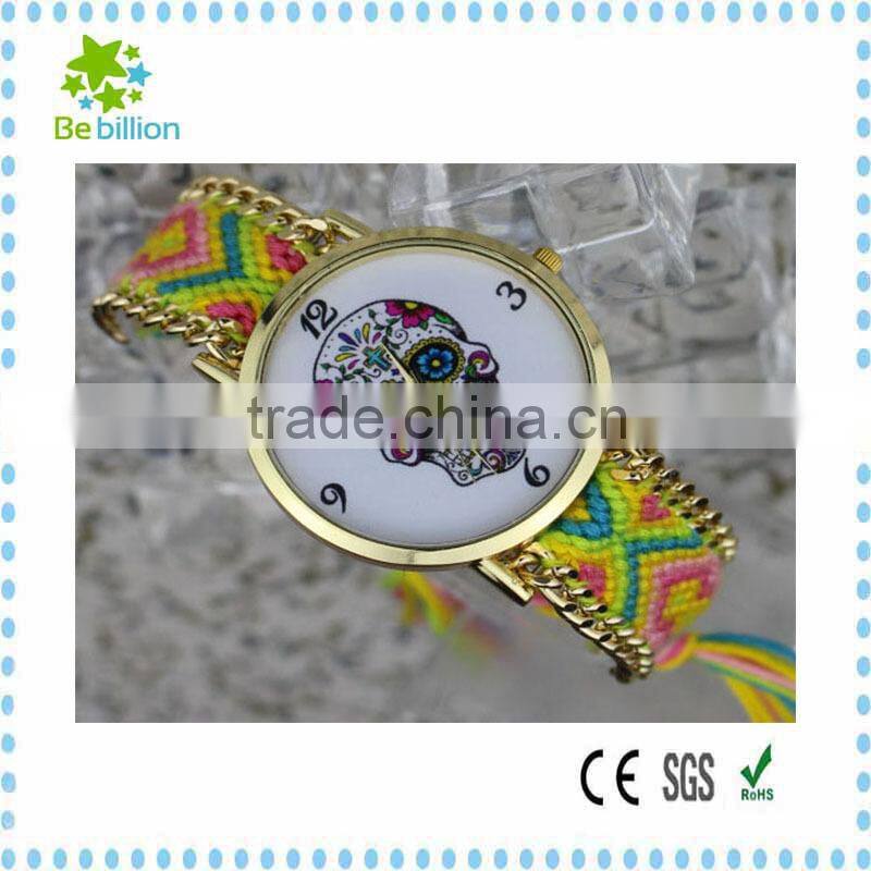 Wholesale woman Geneva watch , handmade braided band skull Geneva watch