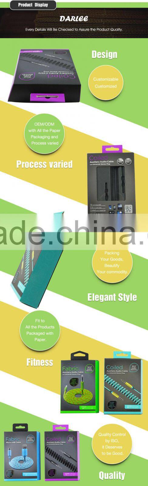 Cheapest embossed UV custom logo recyclable free sample data cable paper box packaging