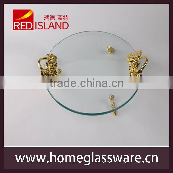 Tempered glass tray with feet and metal handle of rose shape