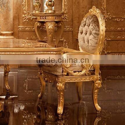 Luxury Gold Leaf Furniture, Rectangular Dinning Table For Eight People, Exquisite Wood Carved Dinning Room Furniture Set