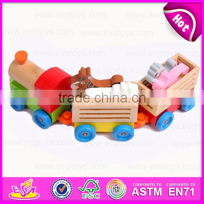Kid's intelligence Wooden pull along train toy with animal blocks W05C019