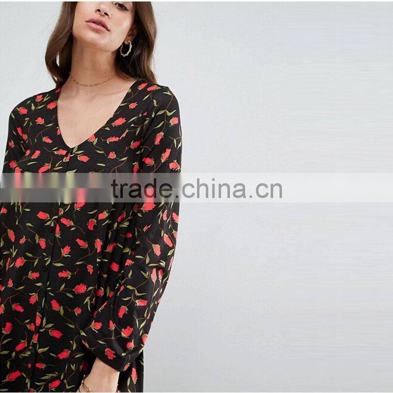 2017 Summer V Neck Long Sleeve Floral Printed Women Dresses Oem Dress HSd9021