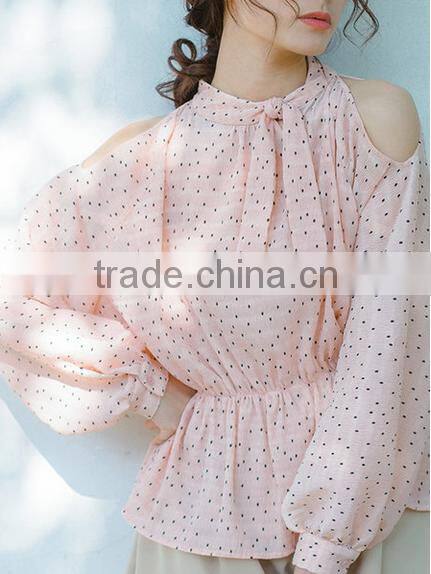 2017 wholesale summer women tie neck cold shoulder long sleeve print blouse
