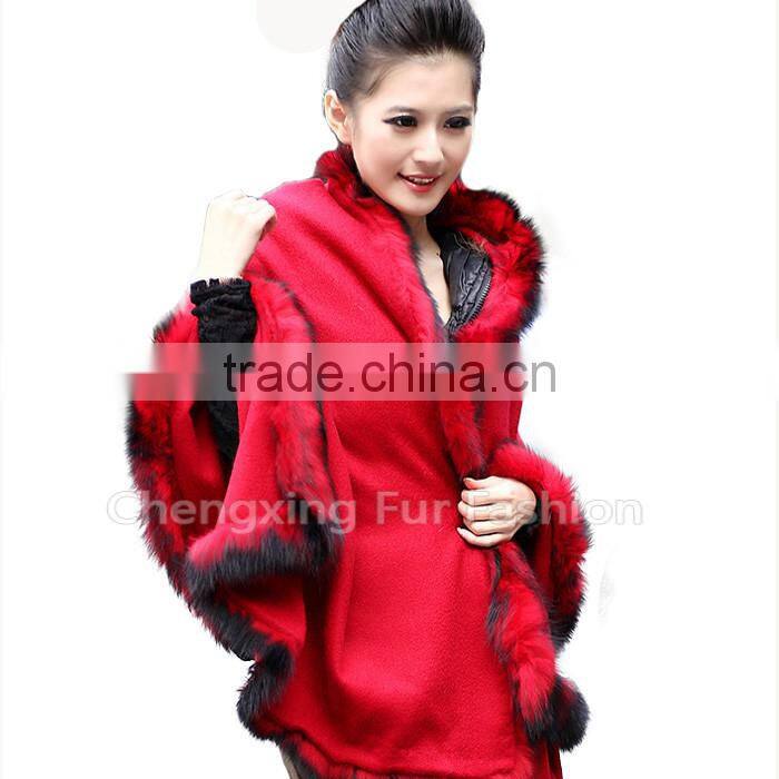 CX-B-P-25E 2016 New Product Fur Poncho Fur Cape With Fox Fur Trimmed
