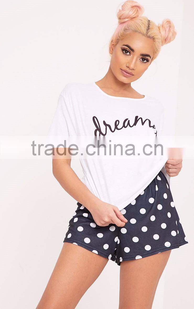 Custom Logo Print Loose Top Short Sleeve With Dots Shorts Causal Pajama Set Ladies Pyjama Set