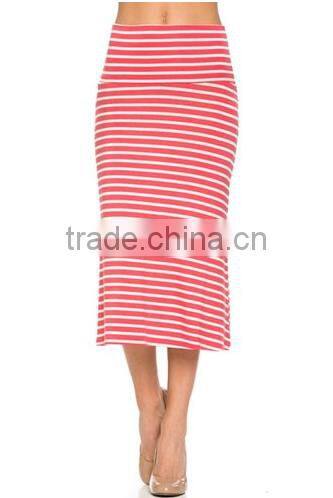 Wholesales Women's High Waisted A-Line Knit Stripe Midi Skirt