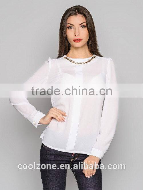 2015 New office blouse design long sleeve chiffon blouse for women