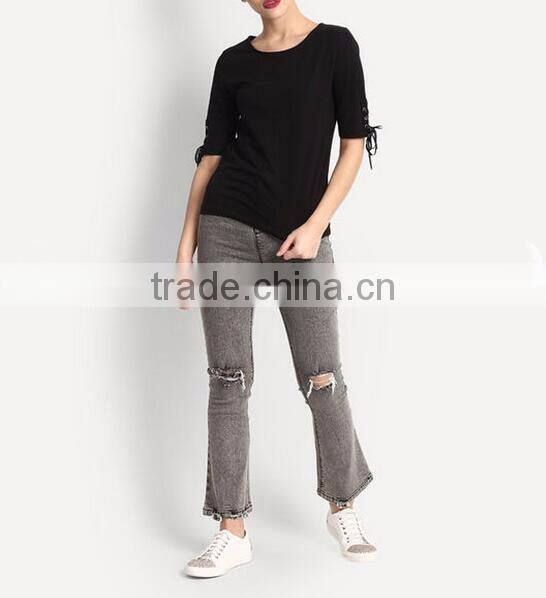 OEM lady blank t-shirt women tie up sleeve t shirt with wholesale price china