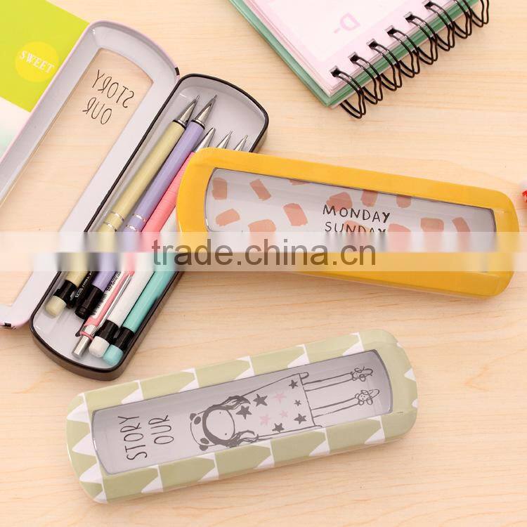 R1955H creative kawaii animal fruit pattern Iron Metal Transparent window Pencil Case box for pen Stationery Style Kids Gift