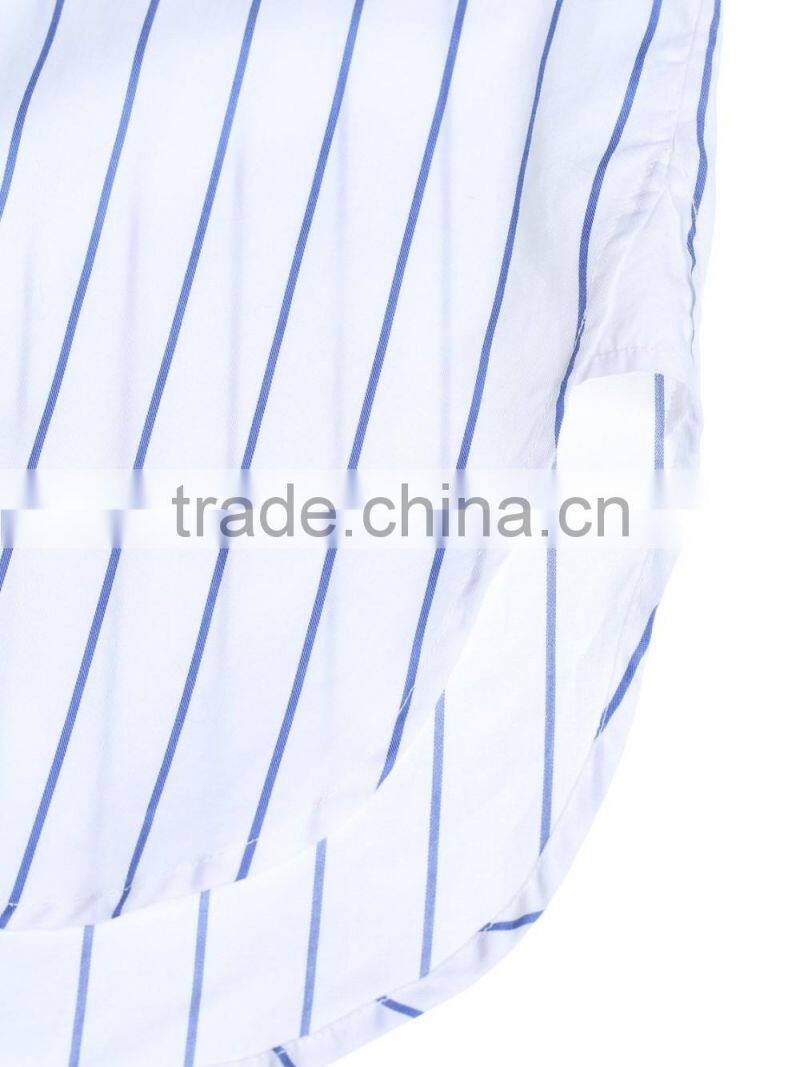 Women's 100% cotton blue and white stripe button-up long blouse/shirt dress in guangzhou