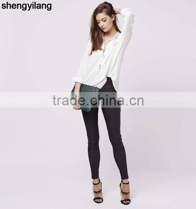 Simple and stylish women white shirts wholesale,custom Tie-Up Pocket Blouse with your own logo china supplier