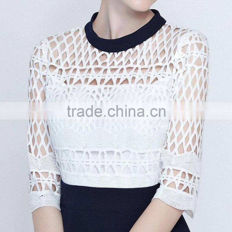 Office ladies white checked navy A line dress