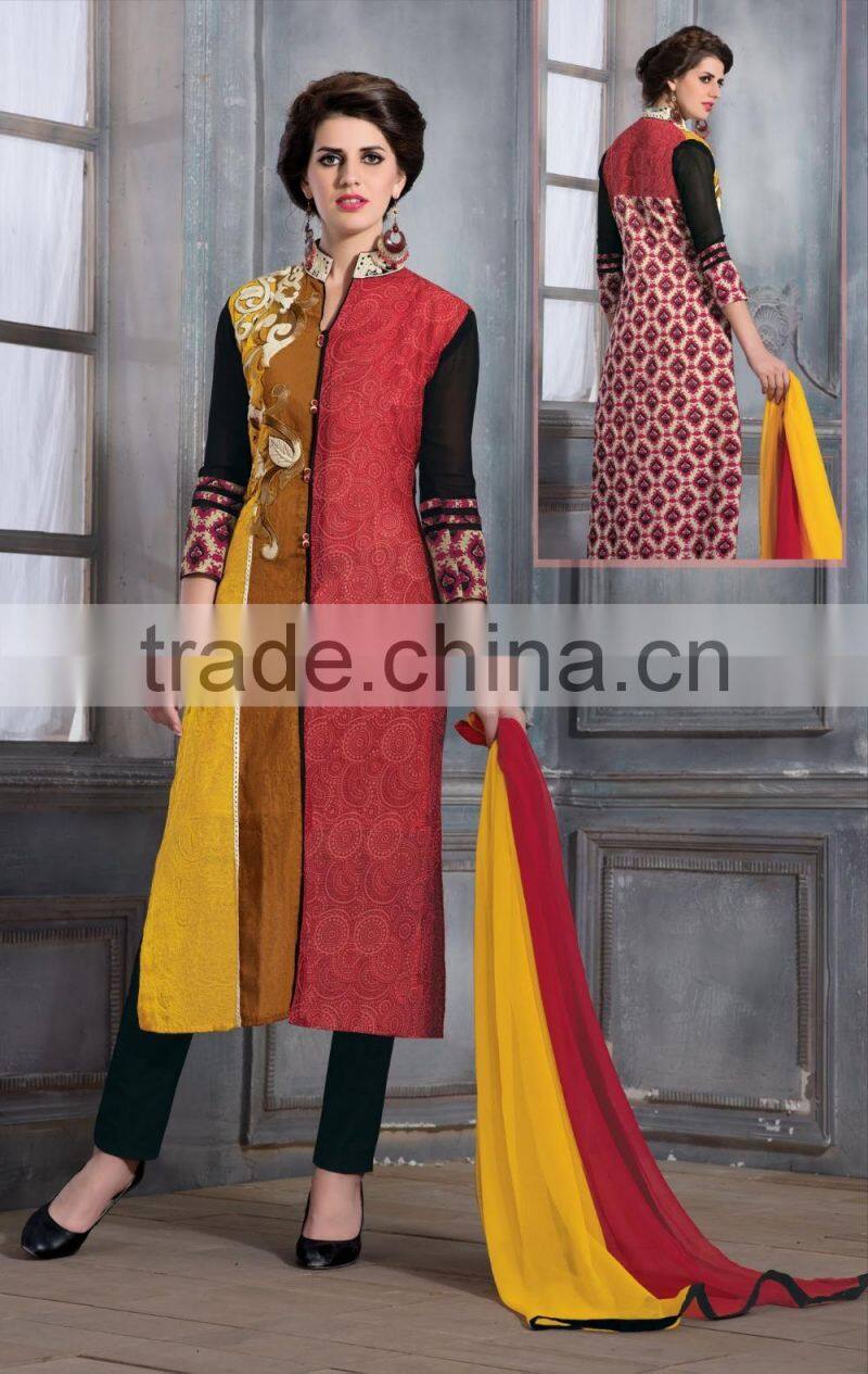 Brown and Green color with embroidery work Blooming Grace Designer Semi Stitch Salwa Kameez