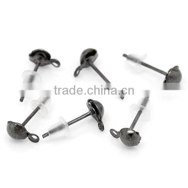 Earring Findings Ear Studs Round Gunmetal W/Stoppers&Loop 14x7mm,500 Pairs