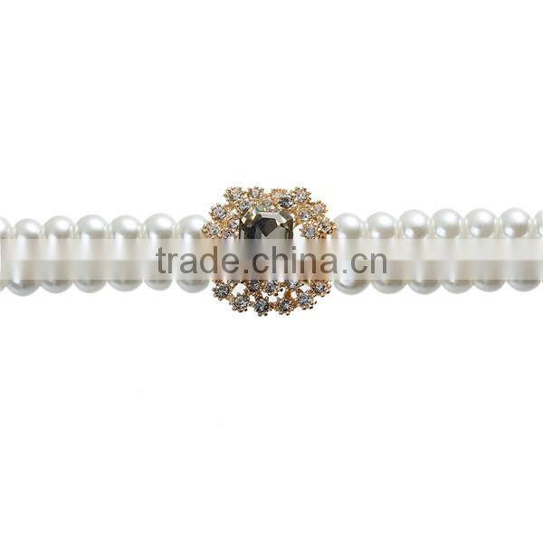 New Fashion Choker Necklace Gold Plated White Acrylic Pearl Imitation Rectangle Connector Clear Rhinestone 34cm long