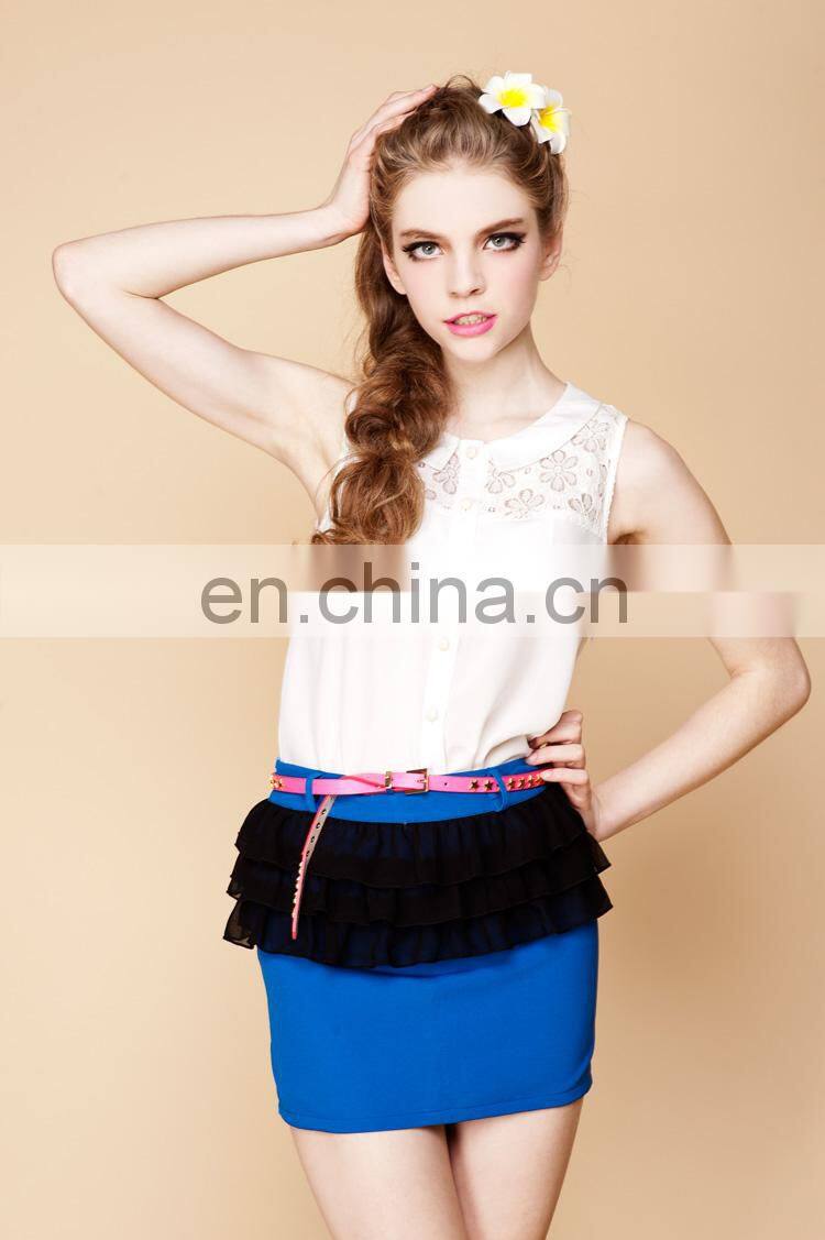 2013lastest design blue splicing with black three layer chiffon like agaric casual skirt
