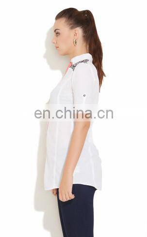 Adult Women's Fashion Lace Work at Shoulder Collar neck Front Button Style High Quality Semi Sexy Sheer Sleeve Tops lady Blouse