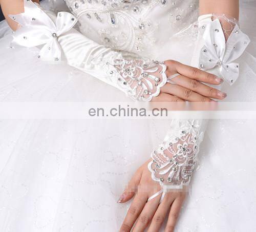 Latest Satin Elbow Length Bridal Glove Pearl Beaded &Rhinestone Big Bows With Lace Fingerless Gloves For Wedding Dress