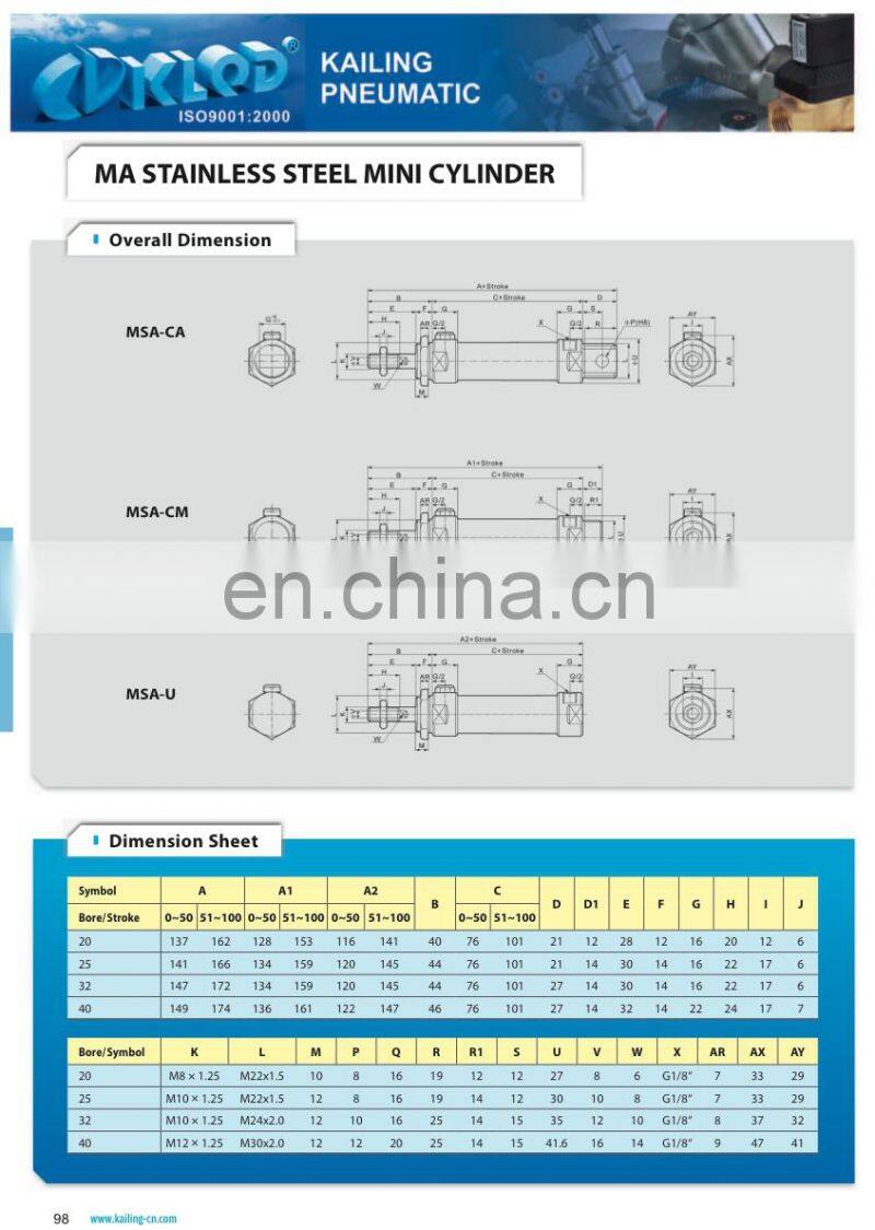 China MA Stainless Steel Mini Pneumatic Air Cylinder,Single/Double Cylinder