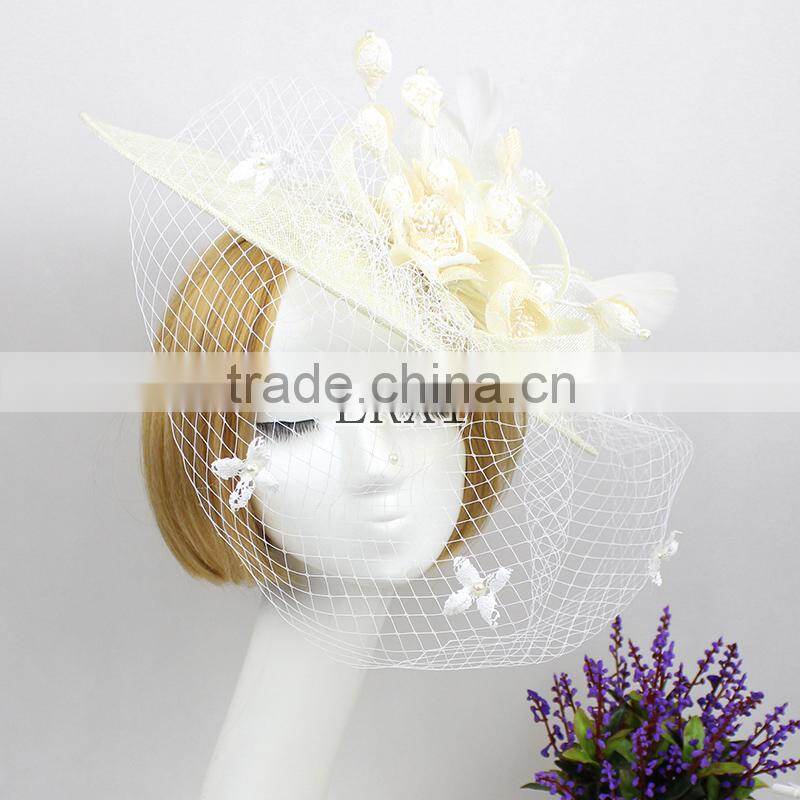 Fashionalbe Design Lace Cover Sinamay With Veil Fascinator Church Hat