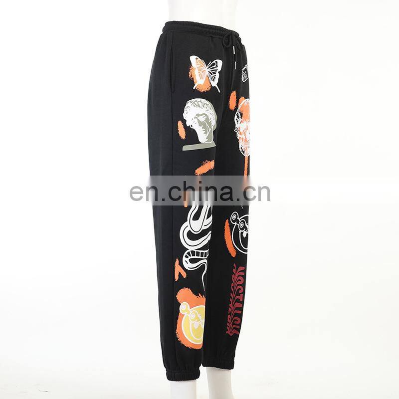 2021 autumn and winter new fashion street trend multi-pattern printing strap thick warm casual pants