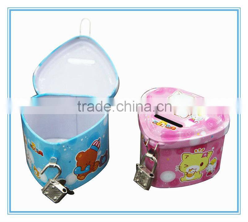 Cute metal money tin box with lock and key
